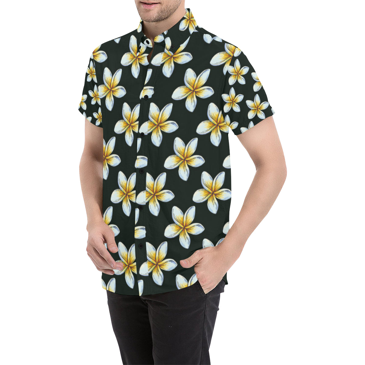White Plumeria Pattern Print Design PM022 Men's Short Sleeve Button Up Shirt