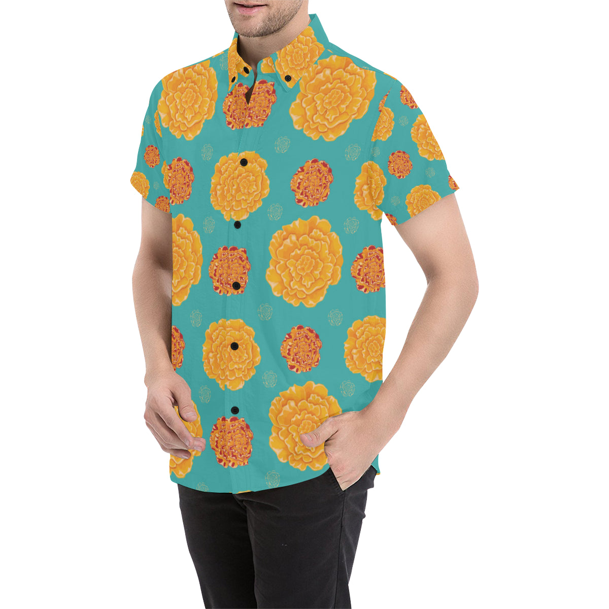Marigold Pattern Print Design 02 Men's Short Sleeve Button Up Shirt