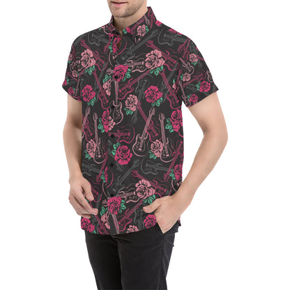 Bass Guitar Pink Rose Pattern Print Design 01 Men's Short Sleeve Button Up Shirt