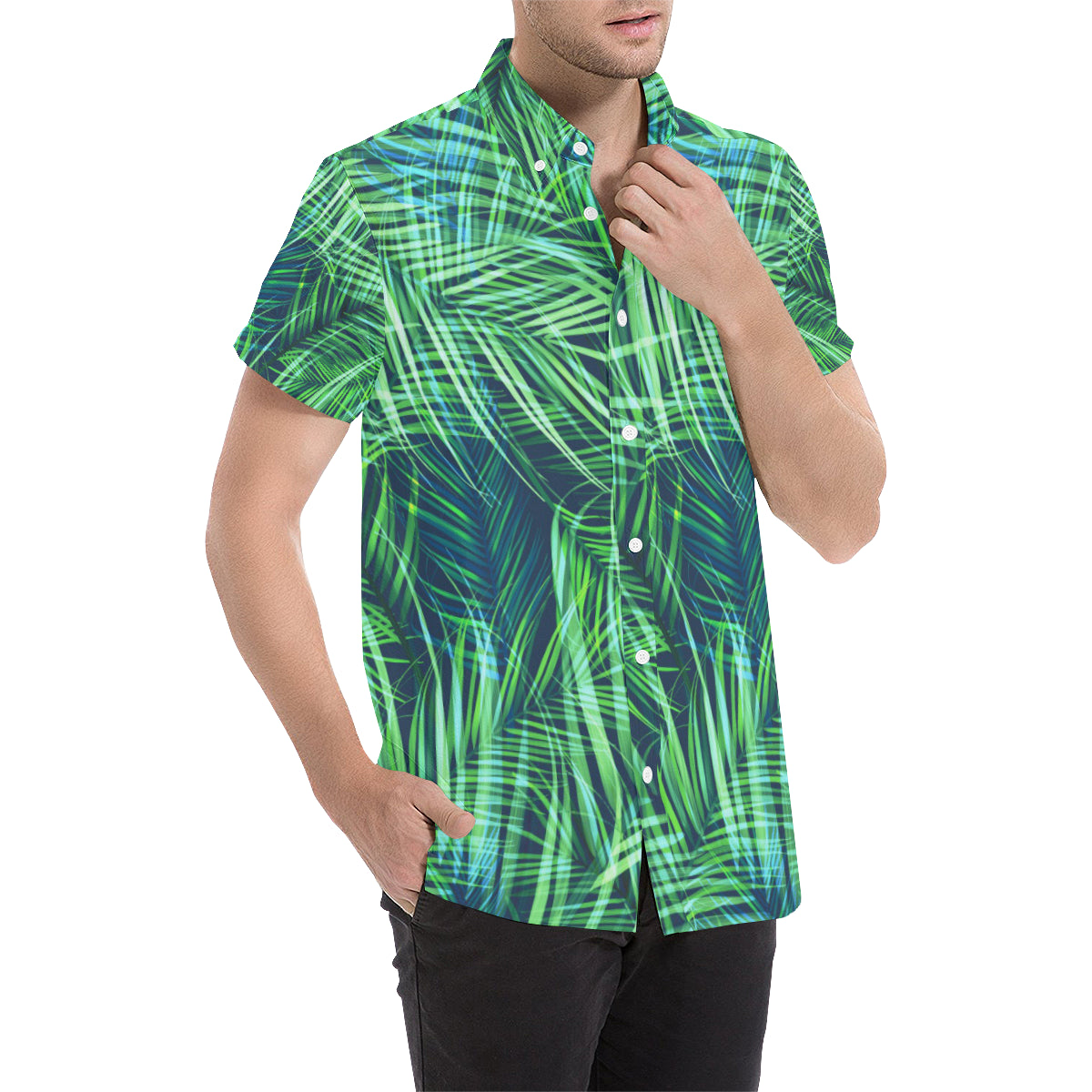 Palm Leaves Pattern Print Design PL02 Men's Short Sleeve Button Up Shirt
