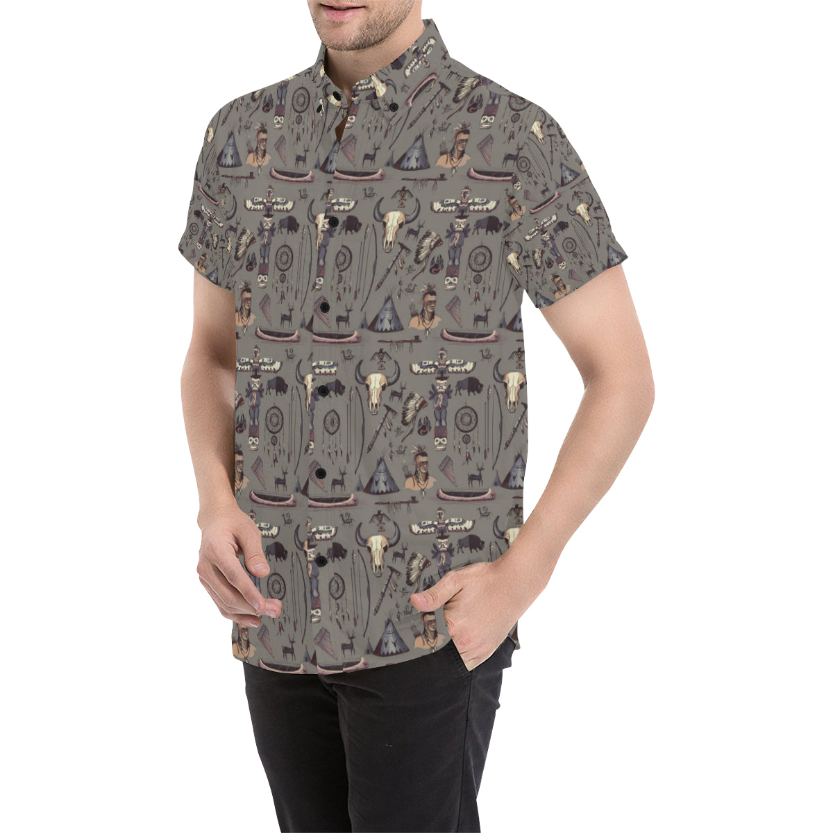 Native Indian life Design Print Men's Short Sleeve Button Up Shirt