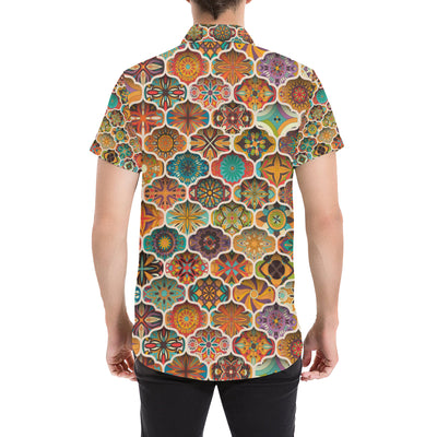 Mandala Mosaic Themed Design Print Men's Short Sleeve Button Up Shirt