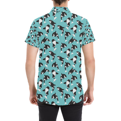 Whale Action Design Themed Print Men's Short Sleeve Button Up Shirt