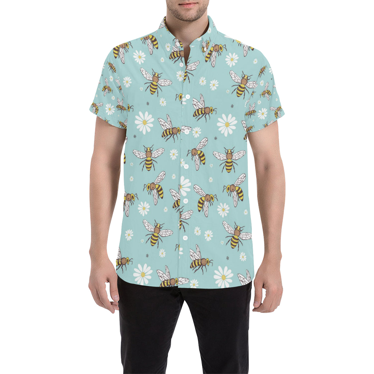 Bee Pattern Print Design BEE010 Men's Short Sleeve Button Up Shirt