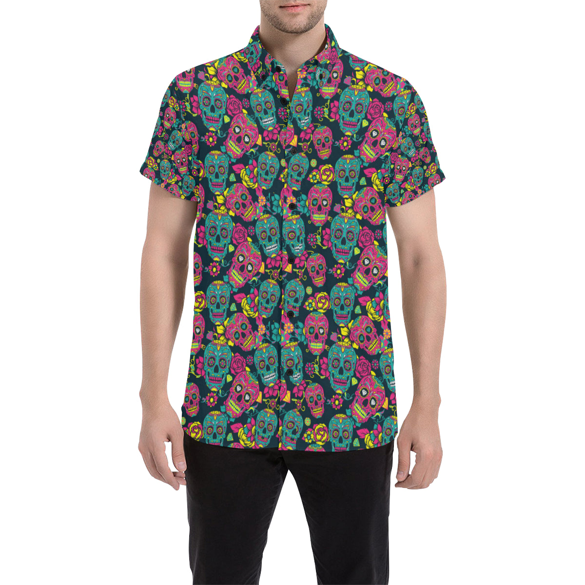 Sugar Skull Floral Design Themed Print Men's Short Sleeve Button Up Shirt