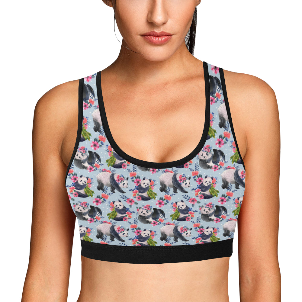Panda Bear Flower Design Themed Print Sports Bra