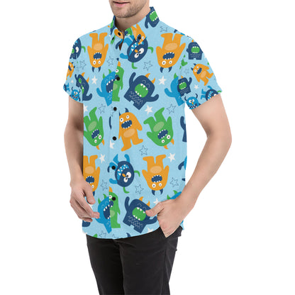 Monster Cartoon Pattern Print Design 04 Men's Short Sleeve Button Up Shirt
