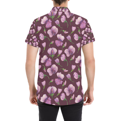 Peony Pattern Print Design PE010 Men's Short Sleeve Button Up Shirt