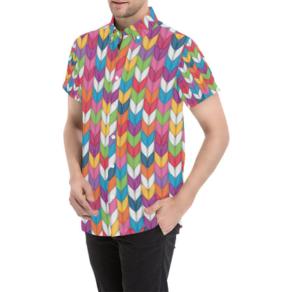 Knit Pattern Print Design 01 Men's Short Sleeve Button Up Shirt