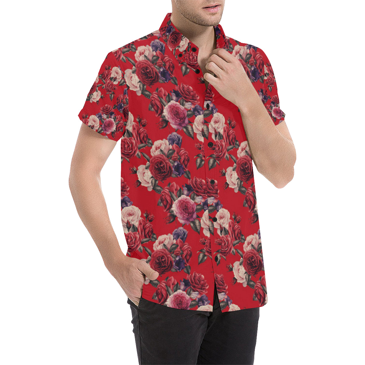 Rose Red Pattern Print Design RO07 Men's Short Sleeve Button Up Shirt