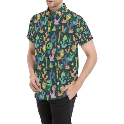 Cactus Pattern Print Design 05 Men's Short Sleeve Button Up Shirt