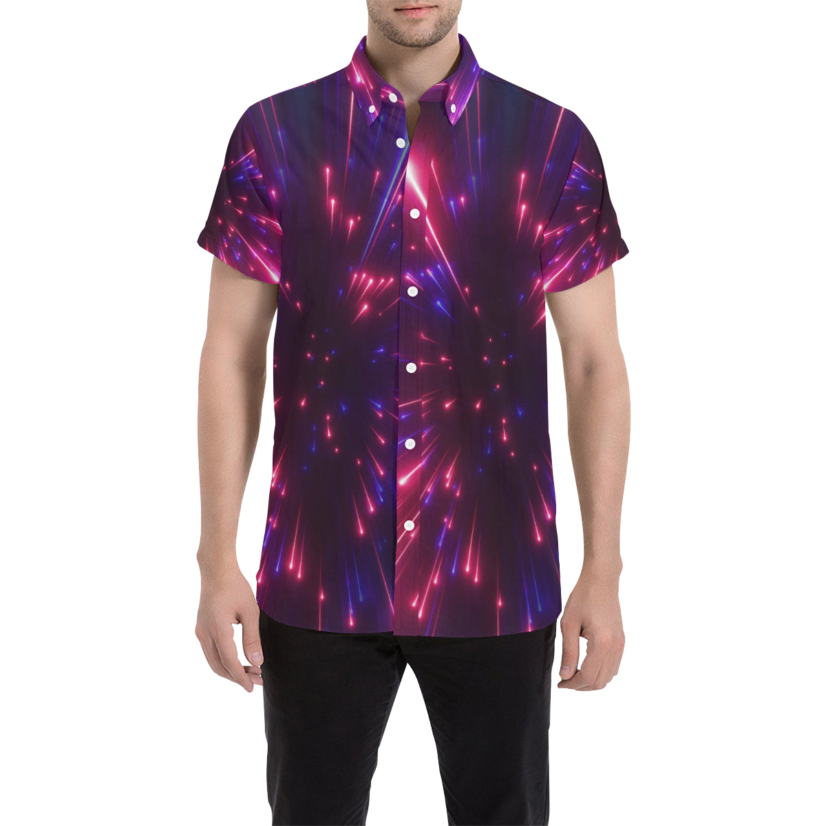 Celestial Purple Blue Neon Speed Light Men's Short Sleeve Button Up Shirt