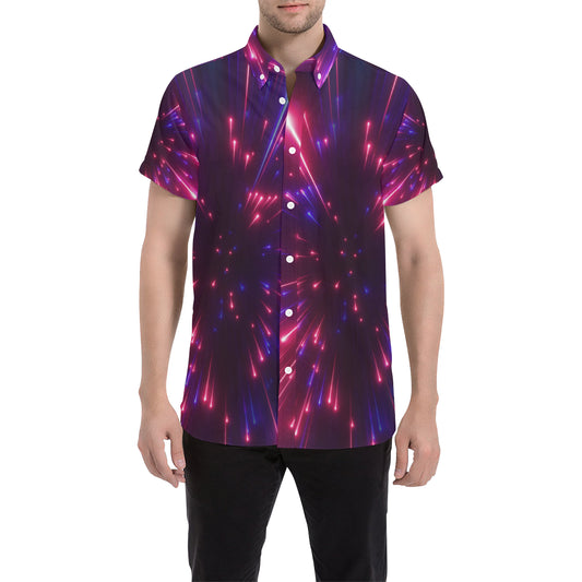 Celestial Purple Blue Neon Speed Light Men's Short Sleeve Button Up Shirt