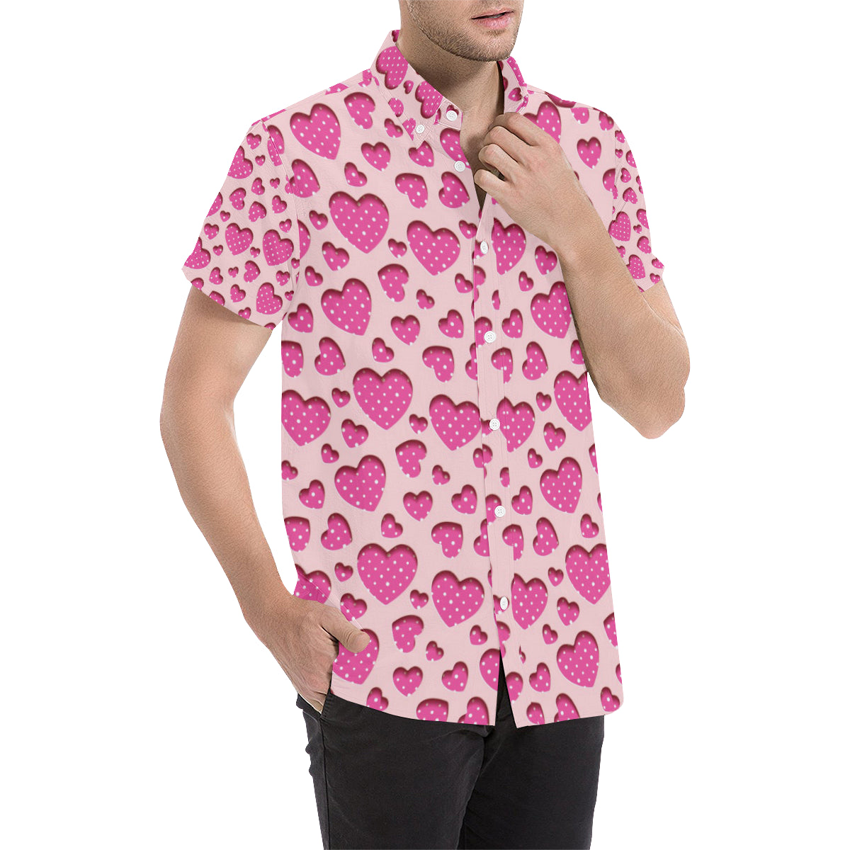 Heart Pink Pattern Print Design HE06 Men's Short Sleeve Button Up Shirt