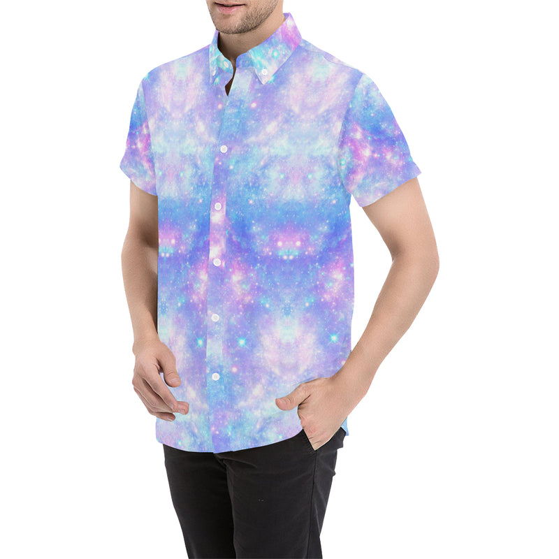 Galaxy Stardust Pastel Color Print Men's Short Sleeve Button Up Shirt