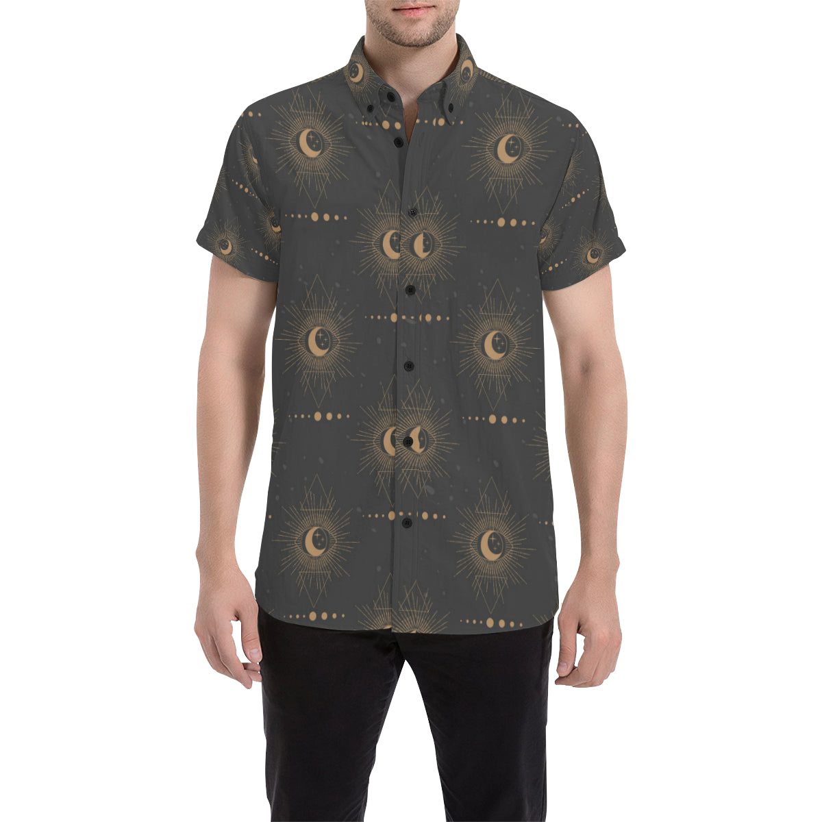 Moon Boho Pattern Print Design 02 Men's Short Sleeve Button Up Shirt