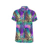 Neon Flower Tropical Palm Leaves Men's Short Sleeve Button Up Shirt