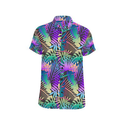 Neon Flower Tropical Palm Leaves Men's Short Sleeve Button Up Shirt