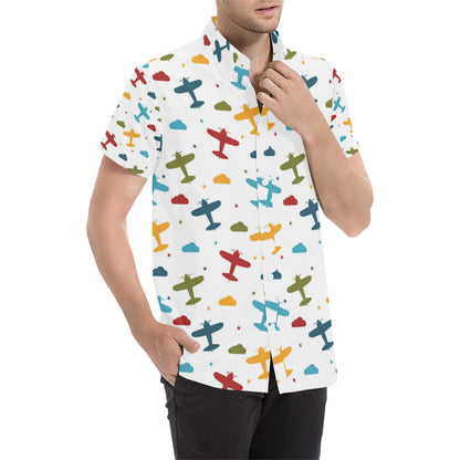 Airplane Pattern Print Design 06 Men's Short Sleeve Button Up Shirt