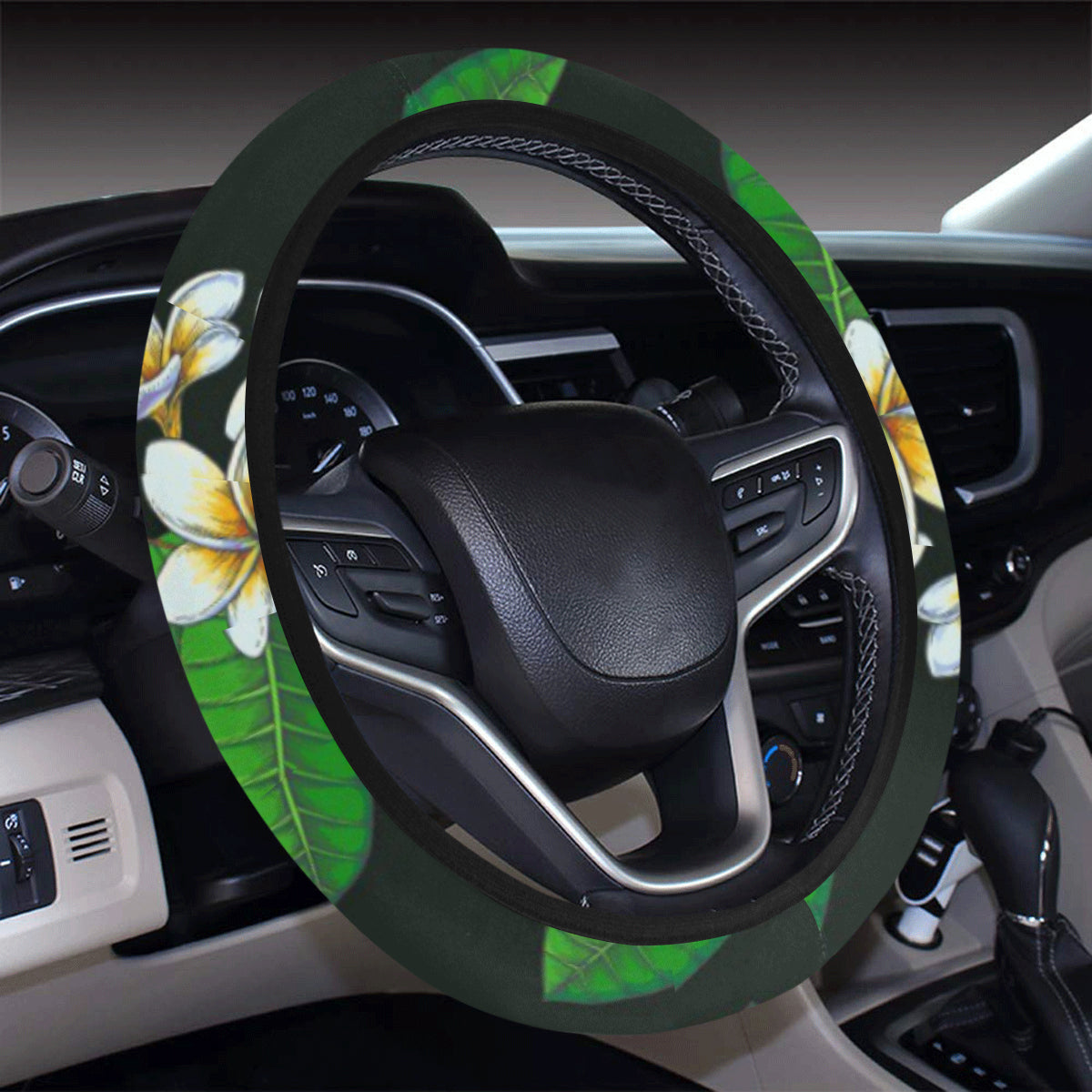 White Plumeria Pattern Print Design PM023 Steering Wheel Cover with Elastic Edge