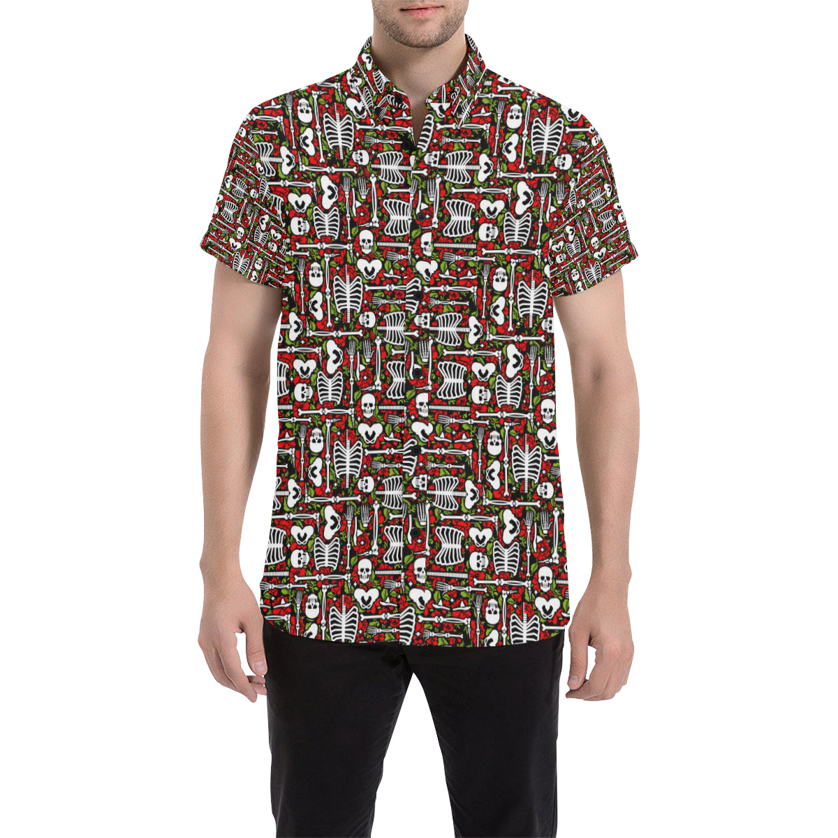 Skeleton Pattern Print Men's Short Sleeve Button Up Shirt