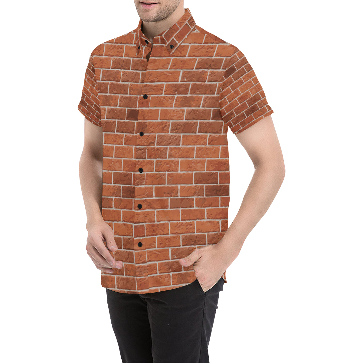 Brick Brown Pattern Print Design 02 Men's Short Sleeve Button Up Shirt