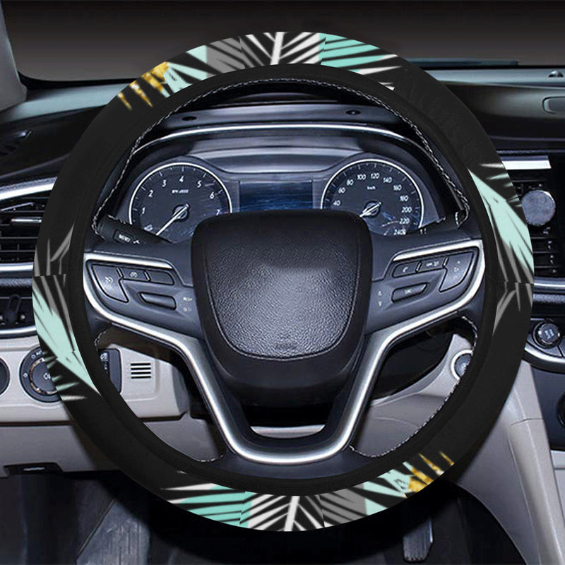 Gold Glitter Cyan Tropical Palm Leaves Steering Wheel Cover with Elastic Edge