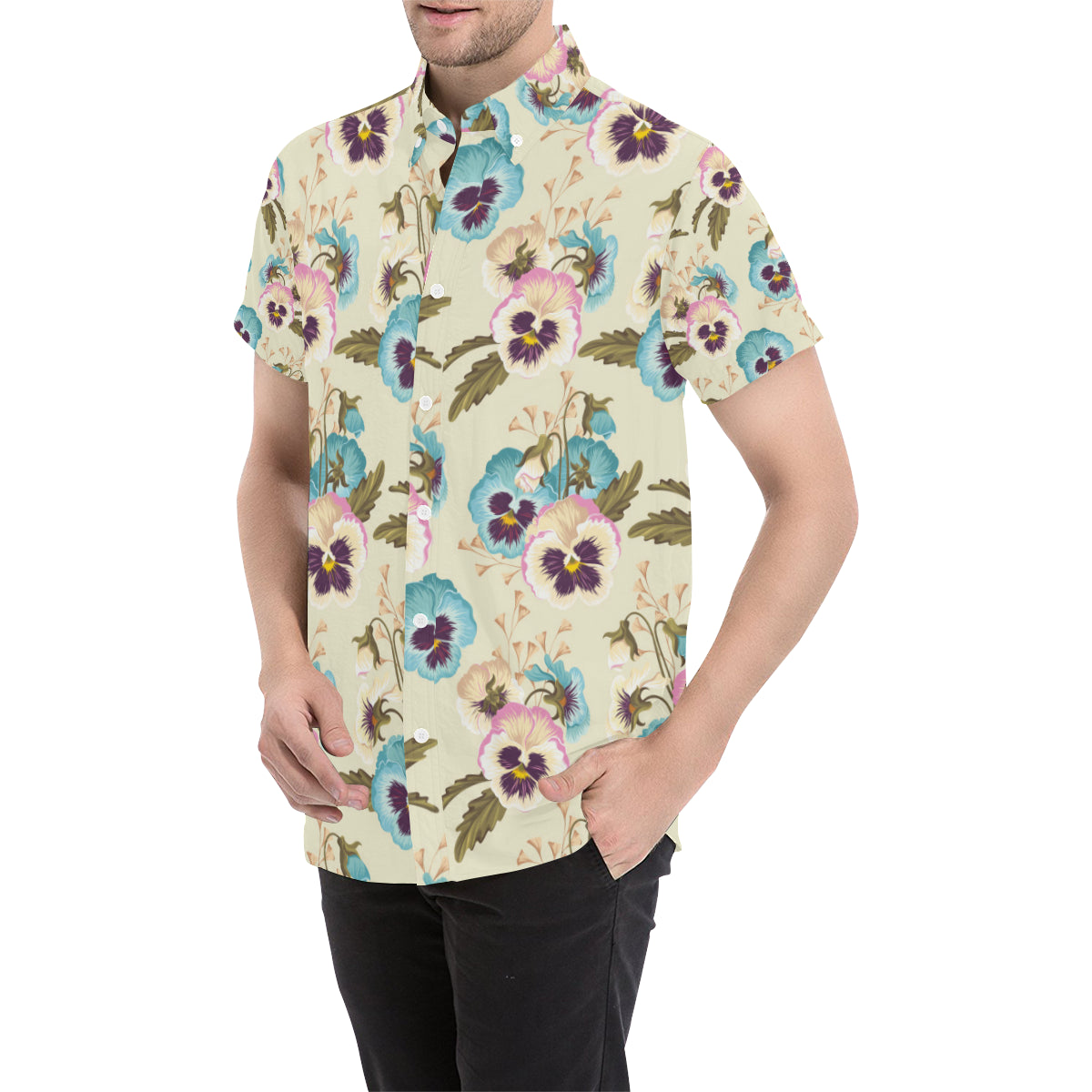 Pansy Pattern Print Design A02 Men's Short Sleeve Button Up Shirt