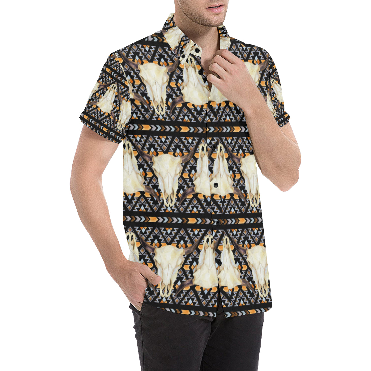 Buffalo Head Pattern Print Design 03 Men's Short Sleeve Button Up Shirt