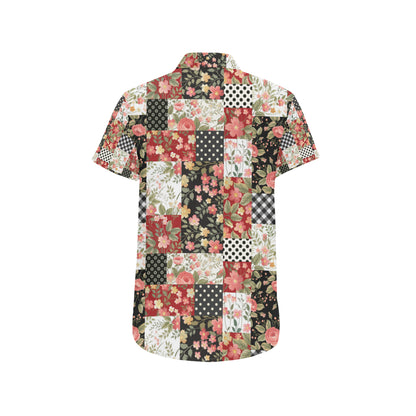 Patchwork Flower Pattern Print Design 03 Men's Short Sleeve Button Up Shirt