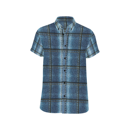 Jean Patchwork Pattern Print Design 02 Men's Short Sleeve Button Up Shirt