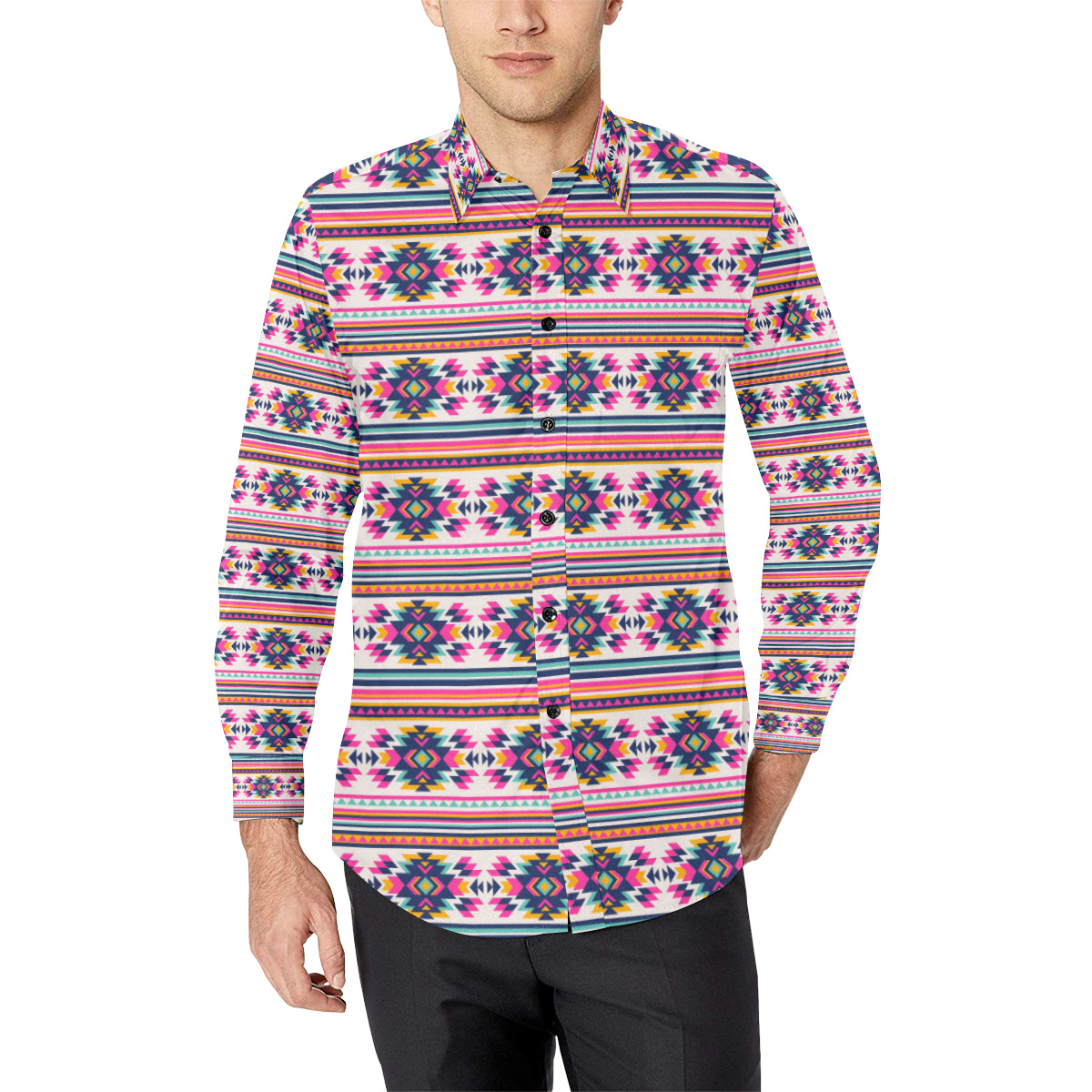 Indian Navajo Neon Themed Design Print Men's Long Sleeve Shirt