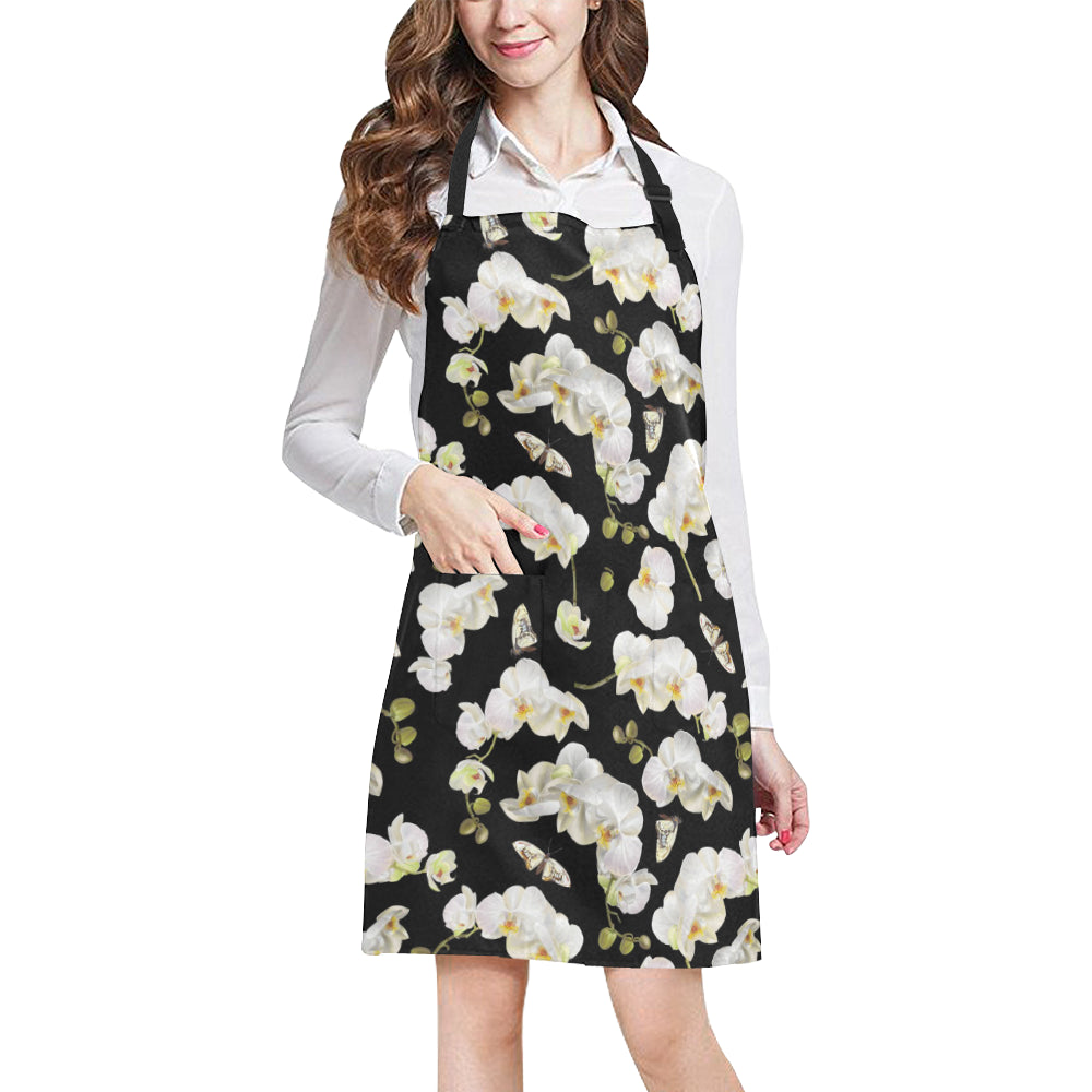 Orchid White Pattern Print Design OR011 Apron with Pocket