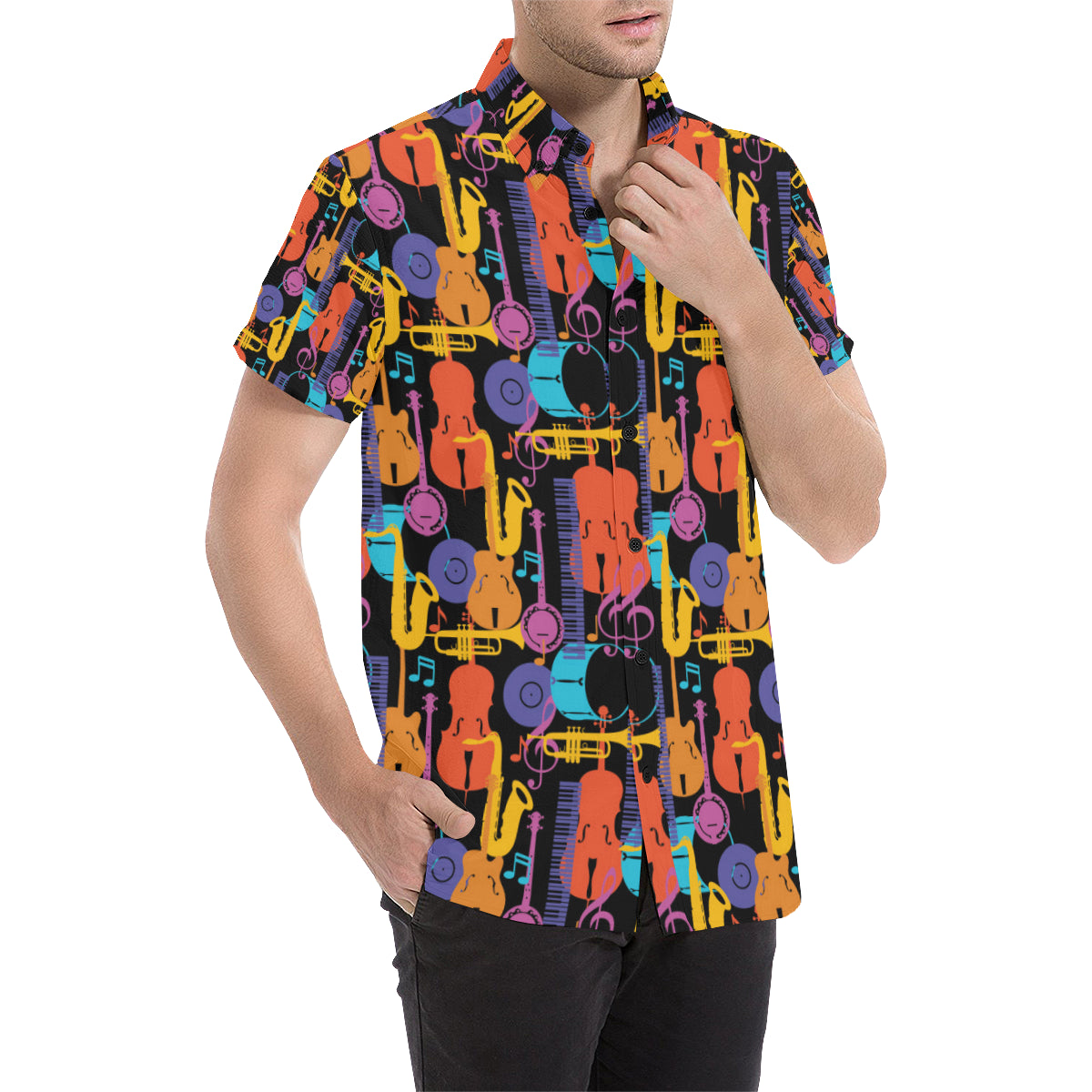 Jazz Pattern Print Design 03 Men's Short Sleeve Button Up Shirt