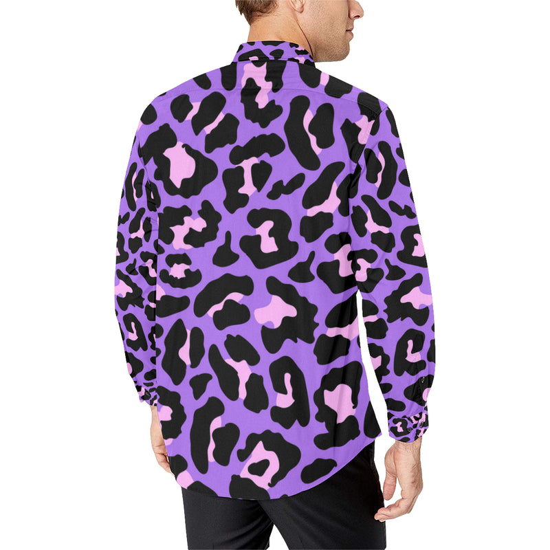 Cheetah Purple Neon Print Pattern Men's Long Sleeve Shirt