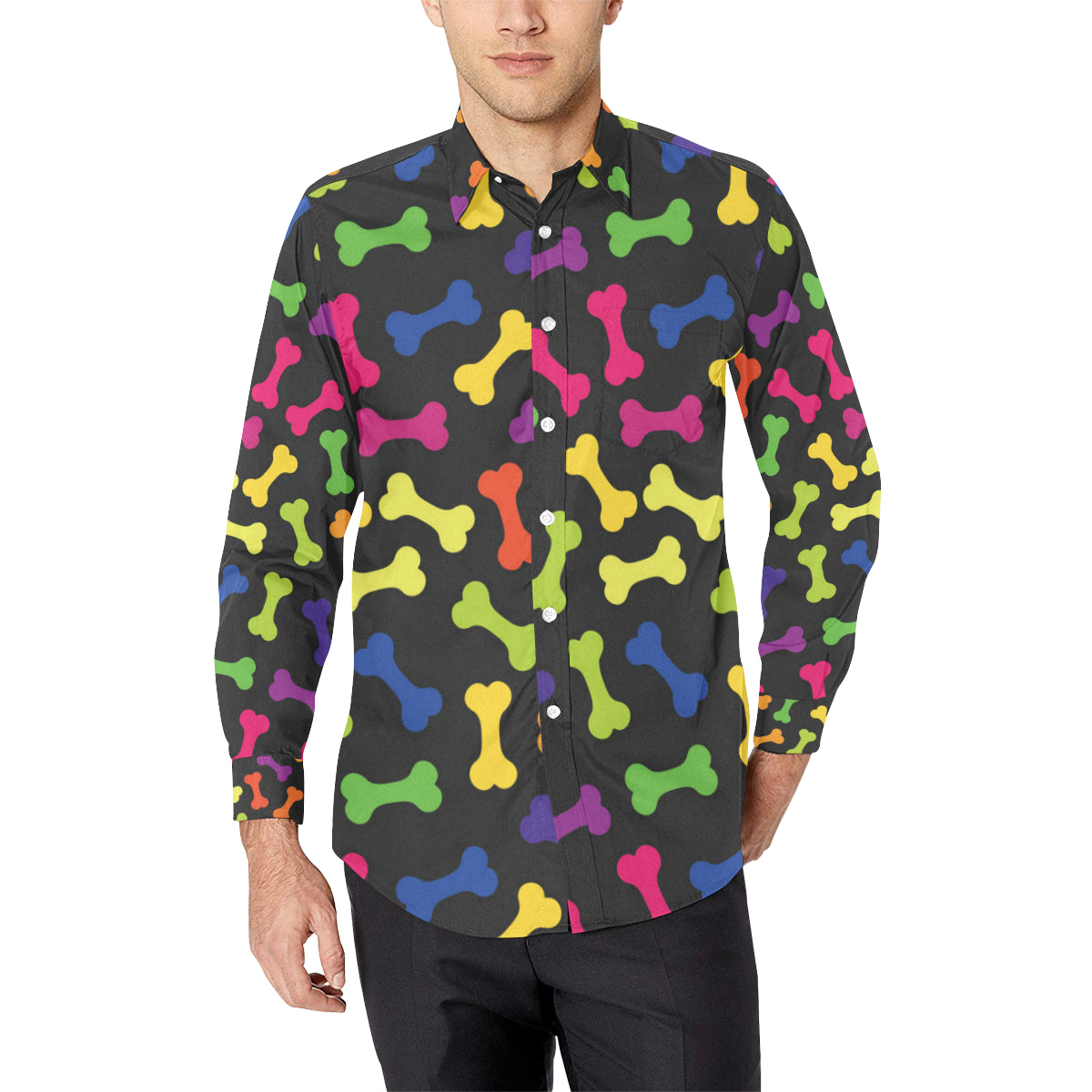 Dog Bone Neon Color Pattern Print Design 02 Men's Long Sleeve Shirt