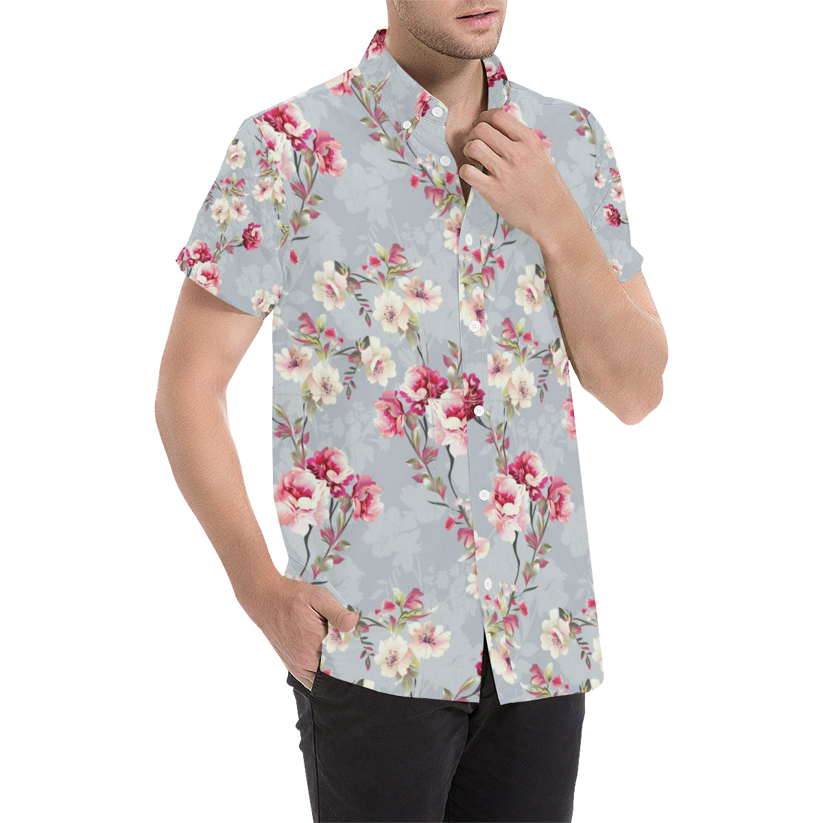 Summer Floral Pattern Print Design SF02 Men's Short Sleeve Button Up Shirt