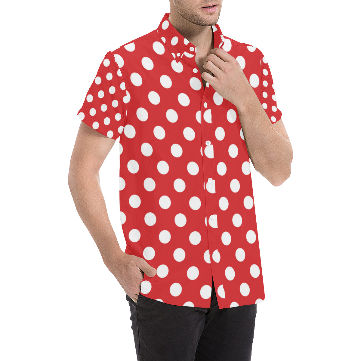 Polka Dot Red Pattern Print Design 04 Men's Short Sleeve Button Up Shirt