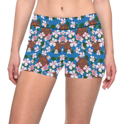 Sea Turtle Pink Hibiscus Hawaiian Print Yoga Shorts