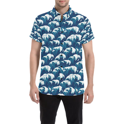 Ocean Wave Pattern Print Men's Short Sleeve Button Up Shirt