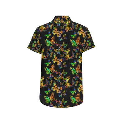 Butterfly Neon Color Print Pattern Men's Short Sleeve Button Up Shirt