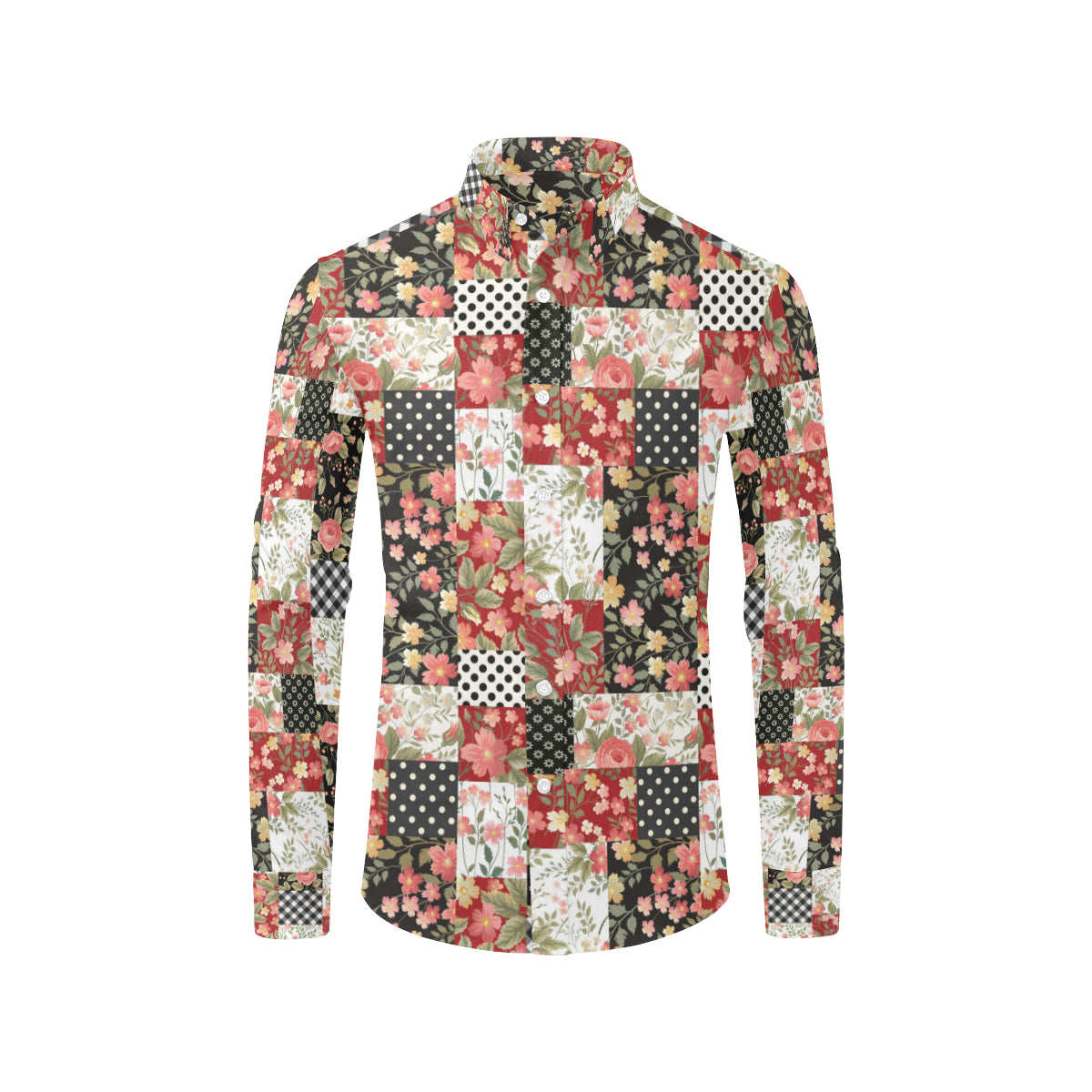 Patchwork Flower Pattern Print Design 03 Men's Long Sleeve Shirt