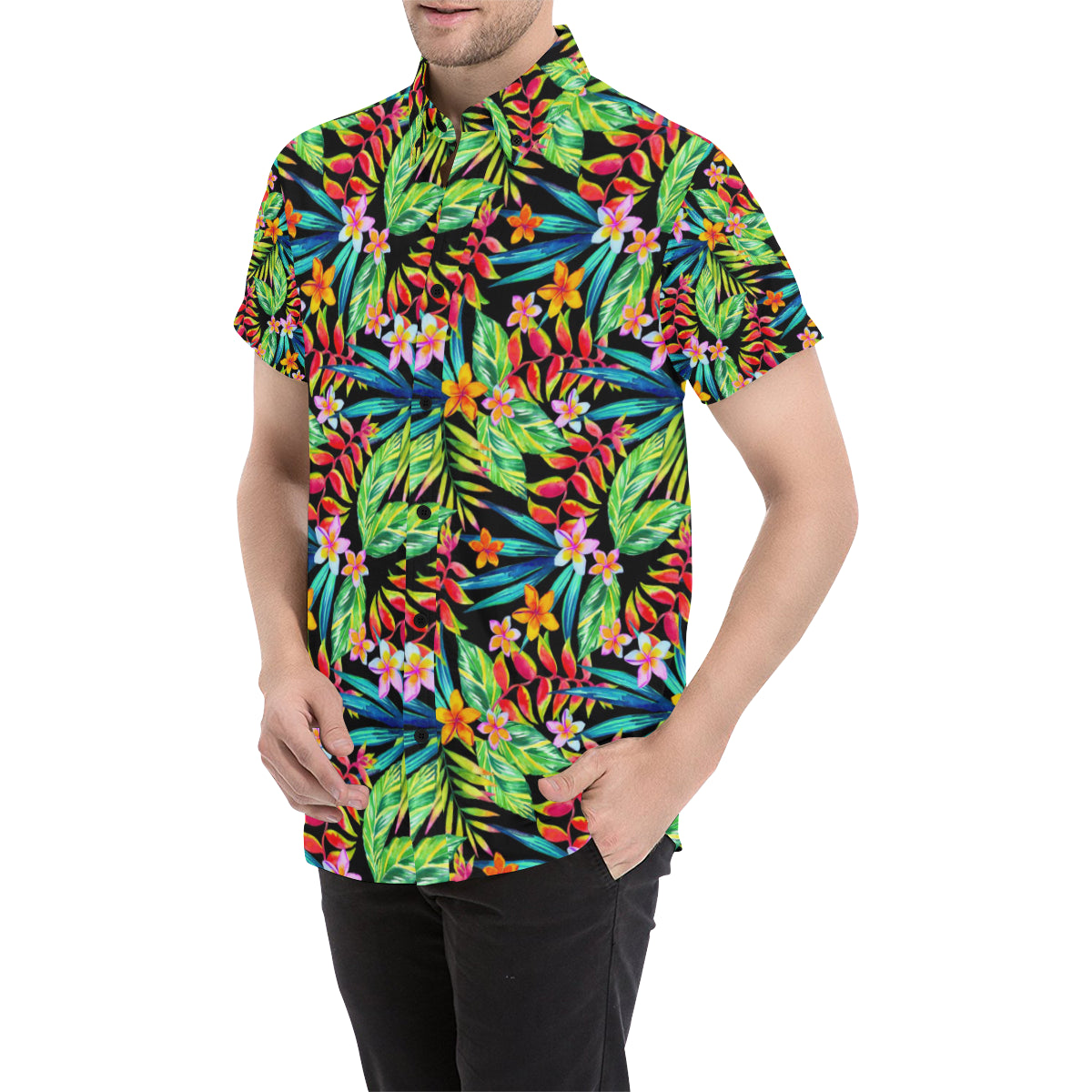 Heliconia Pattern Print Design HL09 Men's Short Sleeve Button Up Shirt