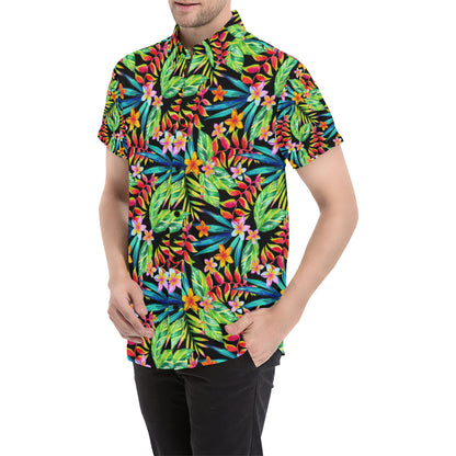 Heliconia Pattern Print Design HL09 Men's Short Sleeve Button Up Shirt