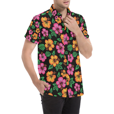 Hibiscus Pattern Print Design HB029 Men's Short Sleeve Button Up Shirt