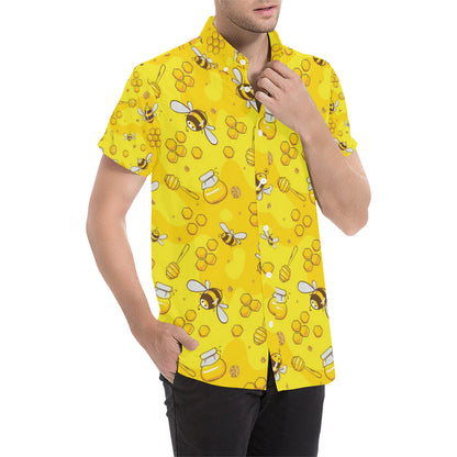 Bee Pattern Print Design BEE01 Men's Short Sleeve Button Up Shirt