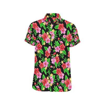 Pink Red Hibiscus Pattern Print Design HB023 Men's Short Sleeve Button Up Shirt