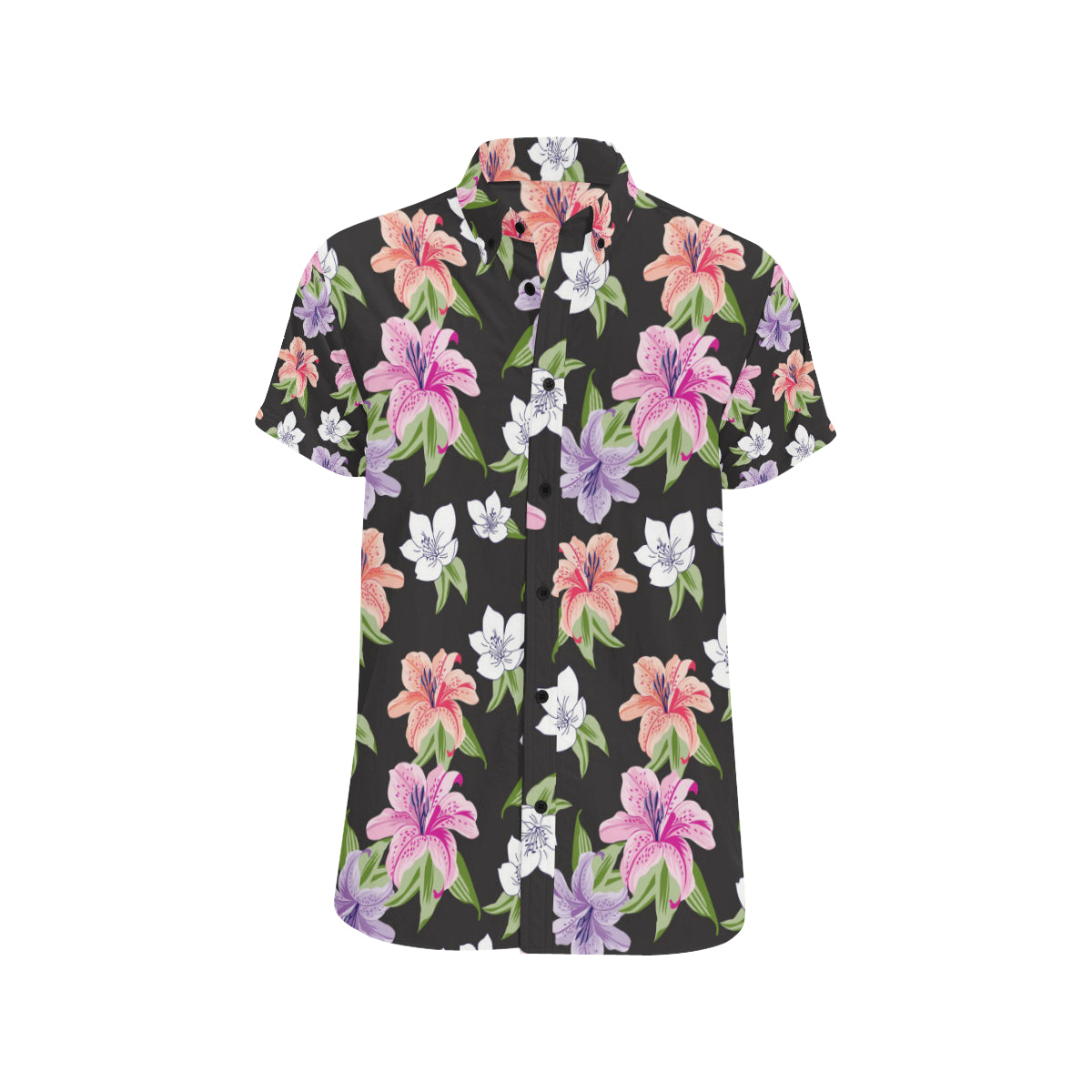 Lily Pattern Print Design LY02 Men's Short Sleeve Button Up Shirt