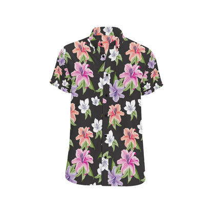 Lily Pattern Print Design LY02 Men's Short Sleeve Button Up Shirt
