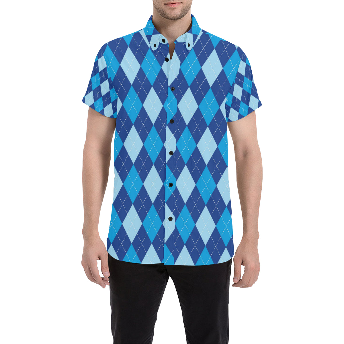 Argyle Blue Pattern Print Design 02 Men's Short Sleeve Button Up Shirt